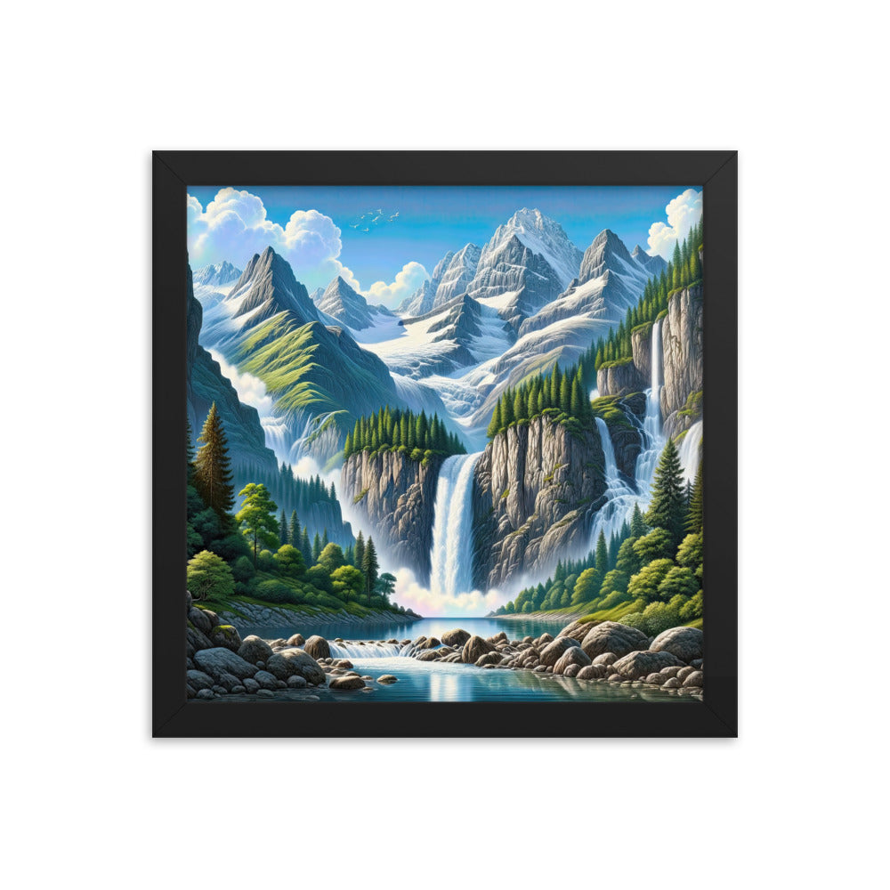 Illustration einer unberührten Alpenkulisse im Hochsommer. Wasserfall und See - Premium Poster mit Rahmen berge xxx yyy zzz 30.5 x 30.5 cm