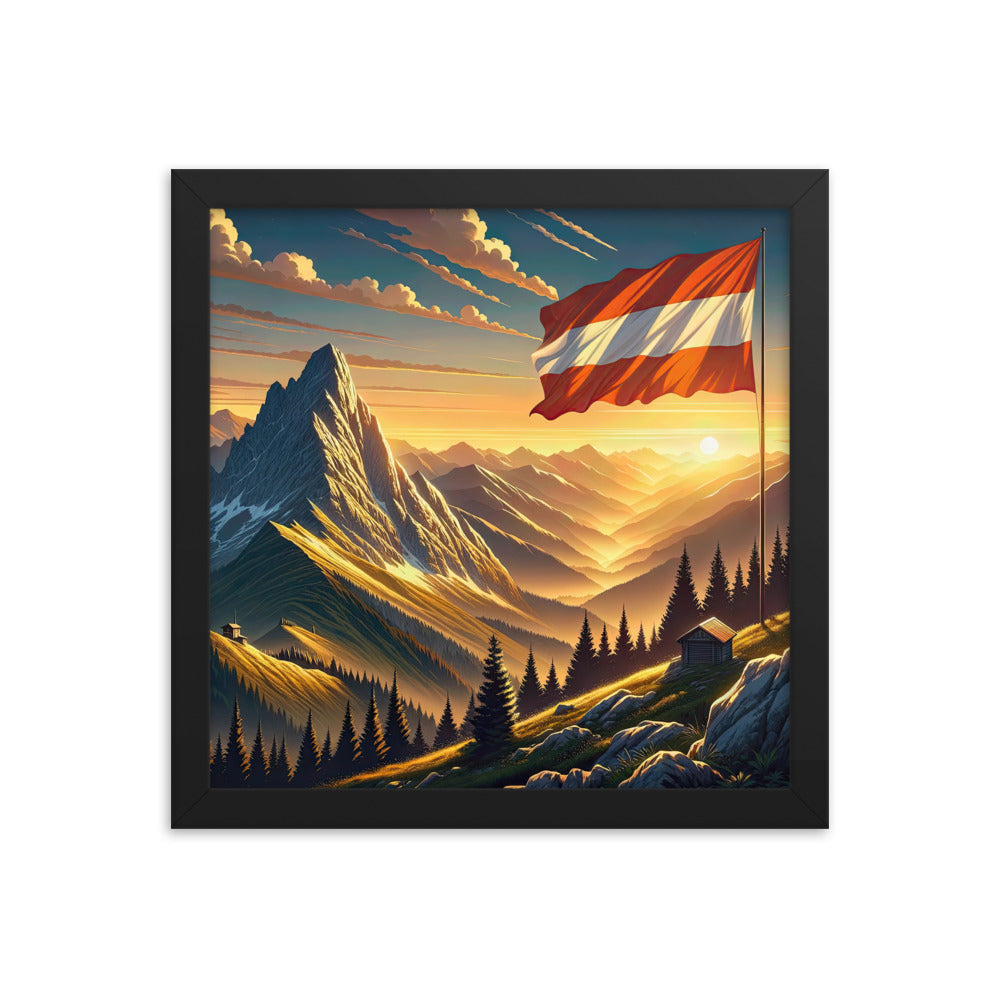 Ruhiger Alpenabend mit österreichischer Flagge und goldenem Sonnenuntergang - Premium Poster mit Rahmen berge xxx yyy zzz 30.5 x 30.5 cm