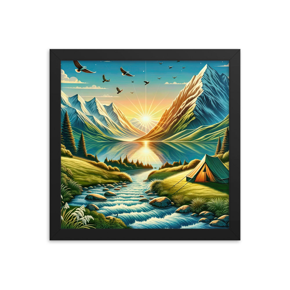 Zelt im Alpenmorgen mit goldenem Licht, Schneebergen und unberührten Seen - Premium Poster mit Rahmen berge xxx yyy zzz 30.5 x 30.5 cm