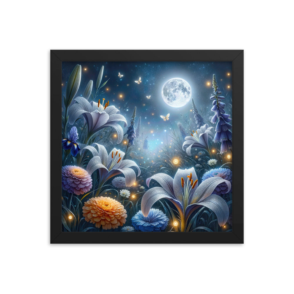 Ätherische Mondnacht auf blühender Wiese, silbriger Blumenglanz - Premium Poster mit Rahmen camping xxx yyy zzz 30.5 x 30.5 cm