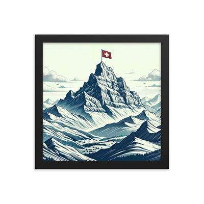 Ausgedehnte Bergkette mit dominierendem Gipfel und wehender Schweizer Flagge - Premium Poster mit Rahmen berge xxx yyy zzz 30.5 x 30.5 cm