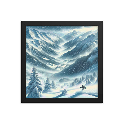Alpine Wildnis im Wintersturm mit Skifahrer, verschneite Landschaft - Premium Poster mit Rahmen klettern ski xxx yyy zzz 30.5 x 30.5 cm
