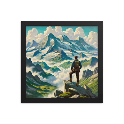 Panoramablick der Alpen mit Wanderer auf einem Hügel und schroffen Gipfeln - Premium Poster mit Rahmen wandern xxx yyy zzz 30.5 x 30.5 cm