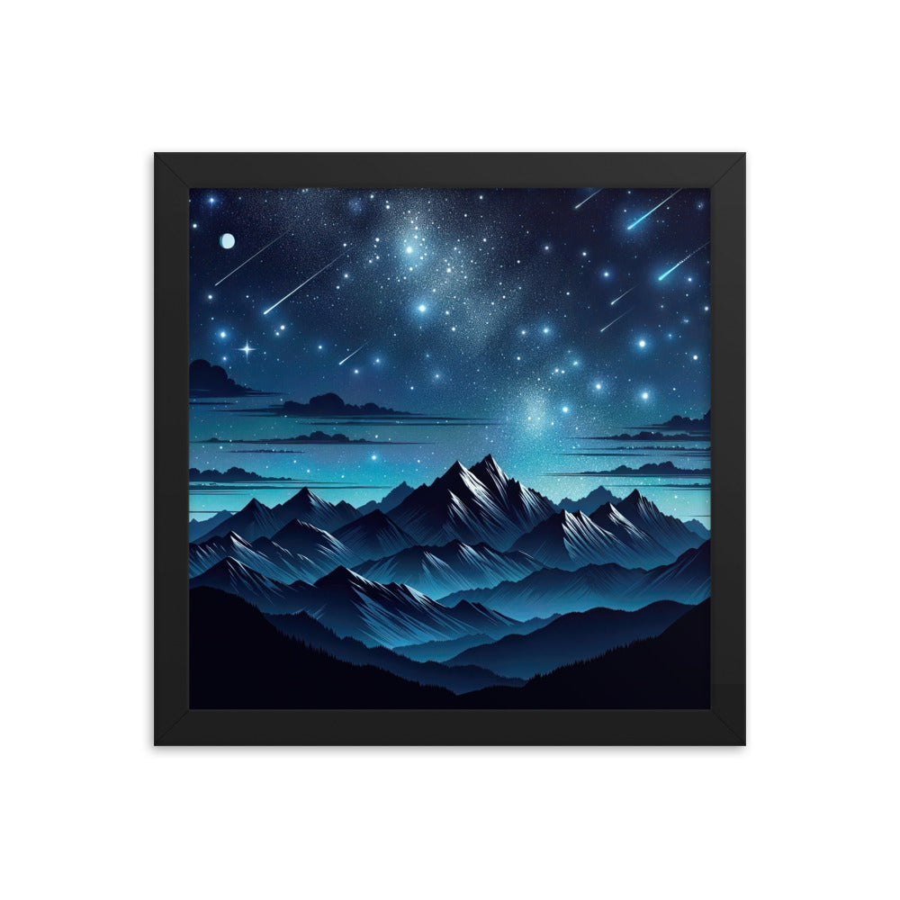 Alpen unter Sternenhimmel mit glitzernden Sternen und Meteoren - Premium Poster mit Rahmen berge xxx yyy zzz 30.5 x 30.5 cm