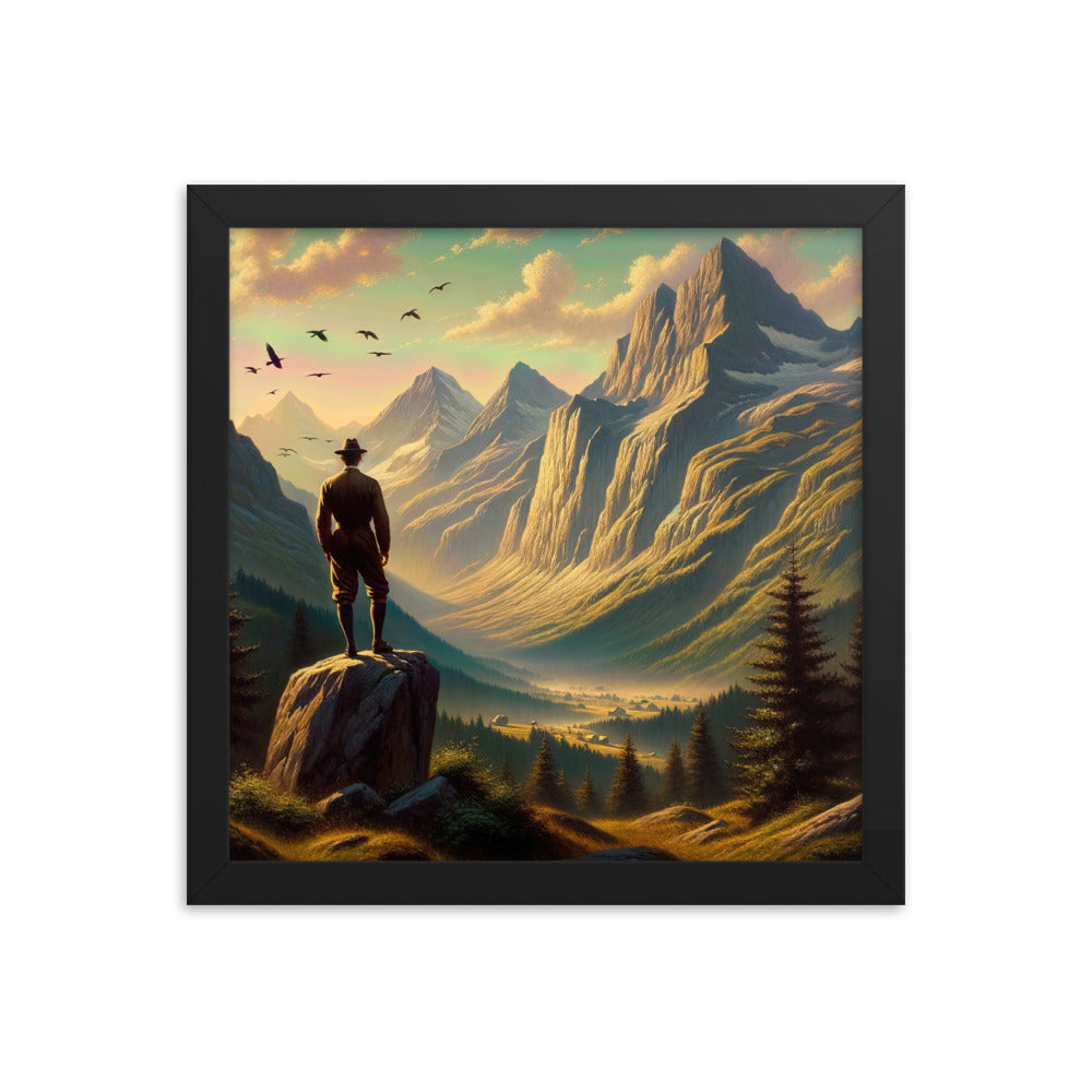 Ölgemälde eines Schweizer Wanderers in den Alpen bei goldenem Sonnenlicht - Premium Poster mit Rahmen wandern xxx yyy zzz 30.5 x 30.5 cm