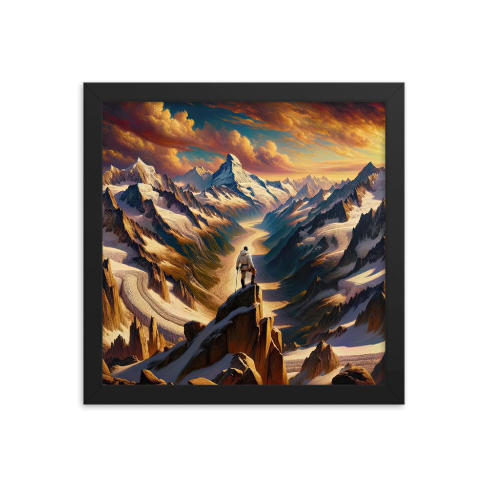 Ölgemälde eines Wanderers auf einem Hügel mit Panoramablick auf schneebedeckte Alpen und goldenen Himmel - Enhanced Matte Paper Framed wandern xxx yyy zzz 30.5 x 30.5 cm