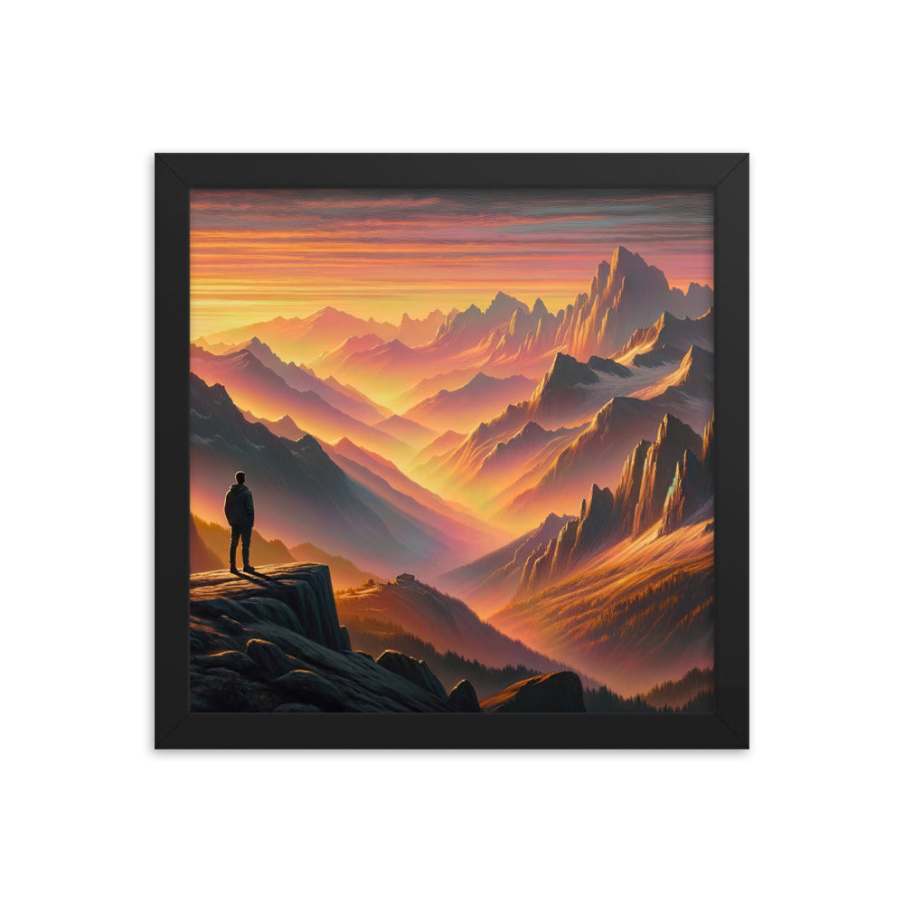 Ölgemälde der Alpen in der goldenen Stunde mit Wanderer, Orange-Rosa Bergpanorama - Premium Poster mit Rahmen wandern xxx yyy zzz 30.5 x 30.5 cm