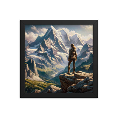 Ölgemälde der Alpengipfel mit Schweizer Abenteurerin auf Felsvorsprung - Premium Poster mit Rahmen wandern xxx yyy zzz 30.5 x 30.5 cm