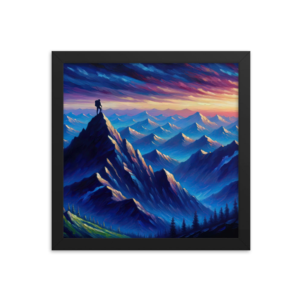 Ölgemälde eines ruhigen Alpenabends mit Bergsteigersilhouette auf dem Gipfel - Premium Poster mit Rahmen wandern xxx yyy zzz 30.5 x 30.5 cm