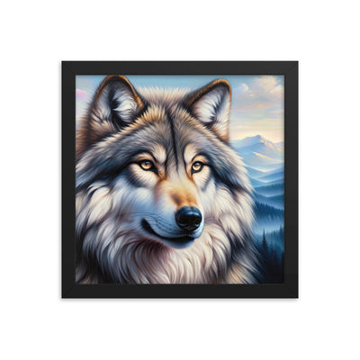 Ölgemäldeporträt eines majestätischen Wolfes mit intensiven Augen in der Berglandschaft (AN) - Premium Poster mit Rahmen xxx yyy zzz 30.5 x 30.5 cm