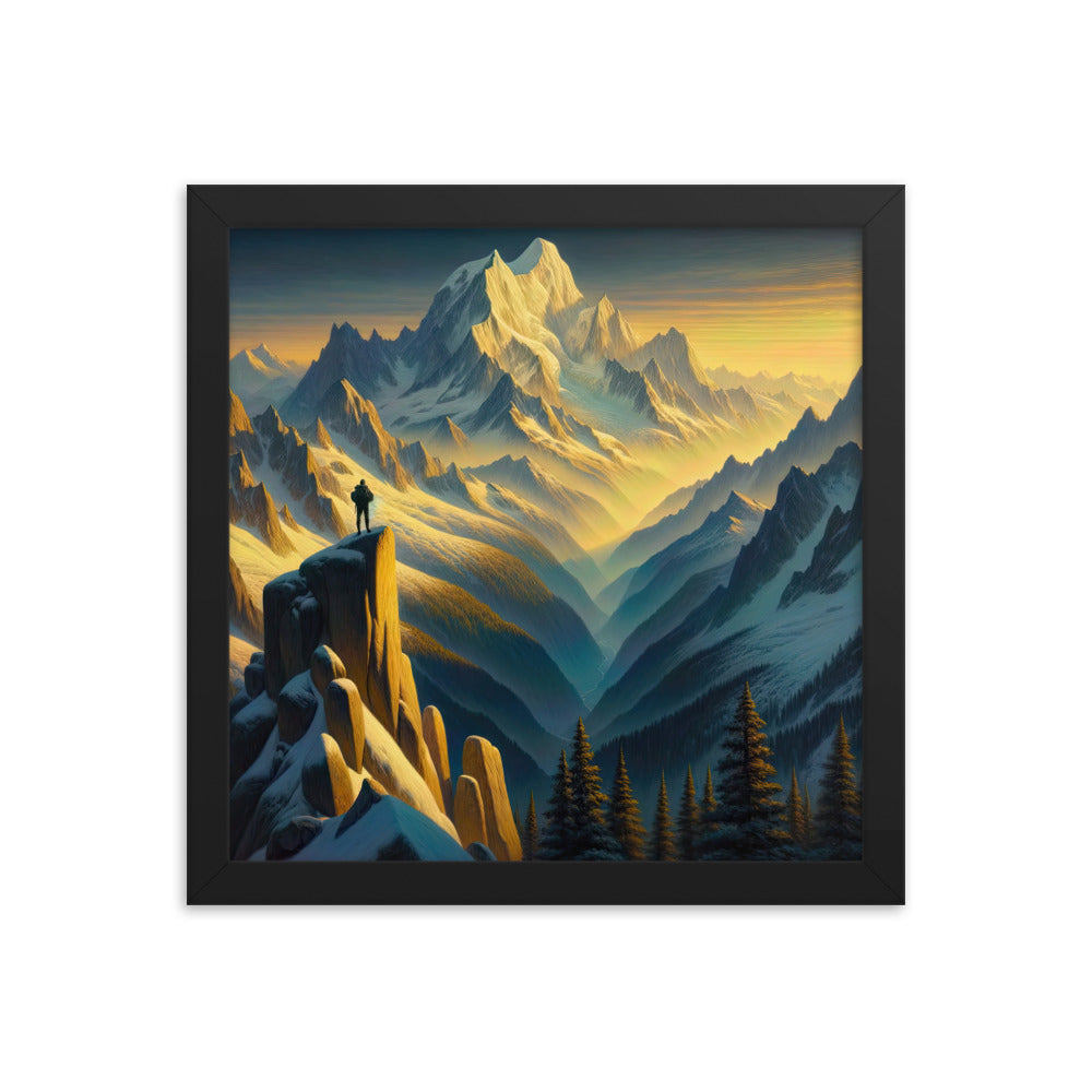 Ölgemälde eines Wanderers bei Morgendämmerung auf Alpengipfeln mit goldenem Sonnenlicht - Premium Poster mit Rahmen wandern xxx yyy zzz 30.5 x 30.5 cm