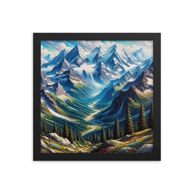 Panorama-Ölgemälde der Alpen mit schneebedeckten Gipfeln und schlängelnden Flusstälern - Premium Poster mit Rahmen berge xxx yyy zzz 30.5 x 30.5 cm
