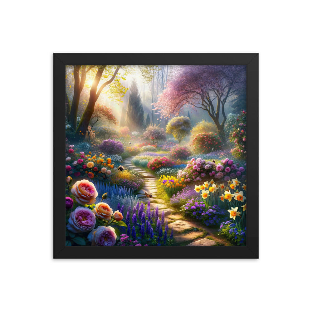 Foto einer Gartenszene im Frühling mit Weg durch blühende Rosen und Veilchen - Premium Poster mit Rahmen camping xxx yyy zzz 30.5 x 30.5 cm