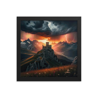 Foto einer Alpenburg bei stürmischem Sonnenuntergang, dramatische Wolken und Sonnenstrahlen - Premium Poster mit Rahmen berge xxx yyy zzz 30.5 x 30.5 cm