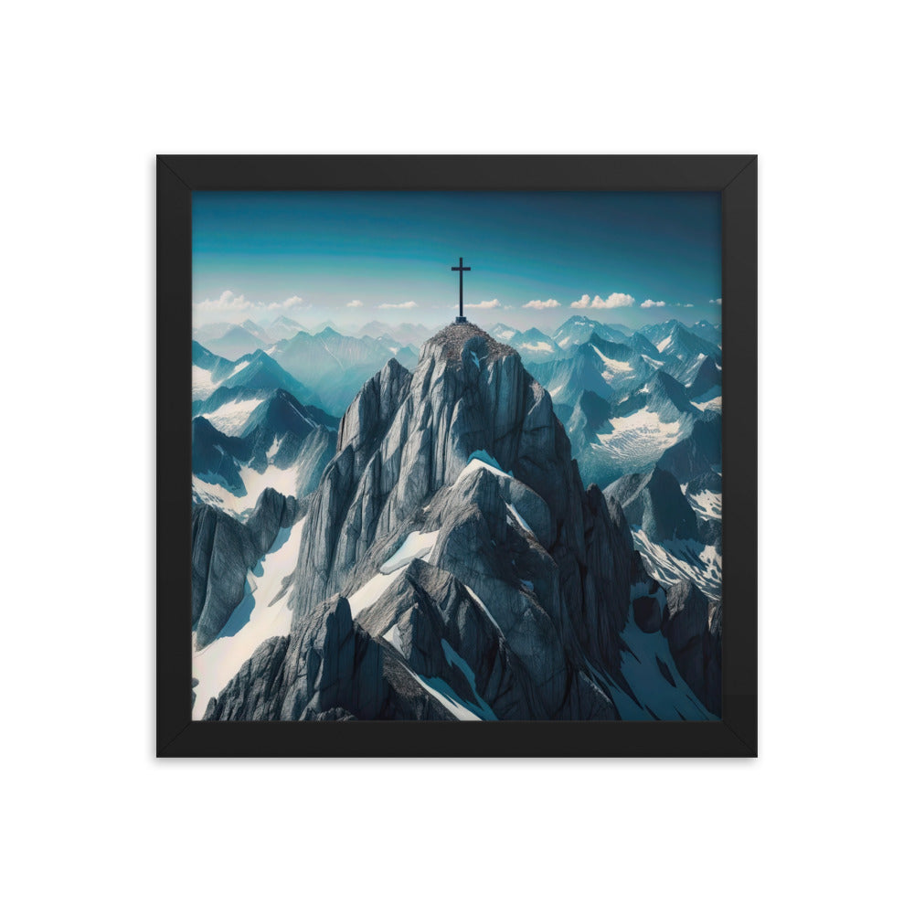 Foto der Alpen mit Gipfelkreuz an einem klaren Tag, schneebedeckte Spitzen vor blauem Himmel - Premium Poster mit Rahmen berge xxx yyy zzz 30.5 x 30.5 cm