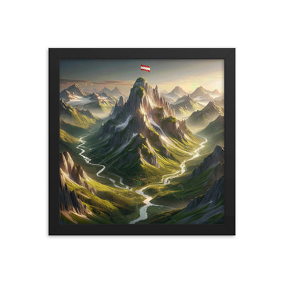 Fotorealistisches Bild der Alpen mit österreichischer Flagge, scharfen Gipfeln und grünen Tälern - Enhanced Matte Paper Framed Poster berge xxx yyy zzz 30.5 x 30.5 cm