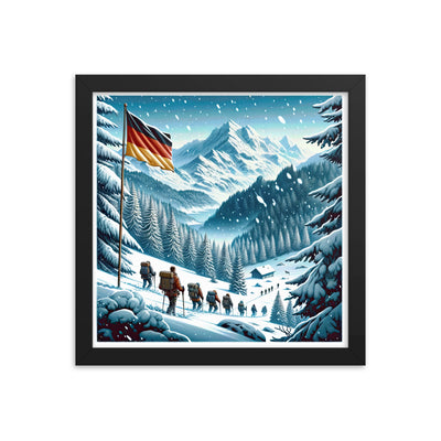 Quadratische Winterillustration der Alpen mit deutscher Flagge und Wanderteam - Premium Poster mit Rahmen wandern xxx yyy zzz 30.5 x 30.5 cm