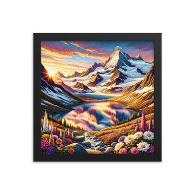 Quadratische Illustration der Alpen mit schneebedeckten Gipfeln und Wildblumen - Premium Poster mit Rahmen berge xxx yyy zzz 30.5 x 30.5 cm