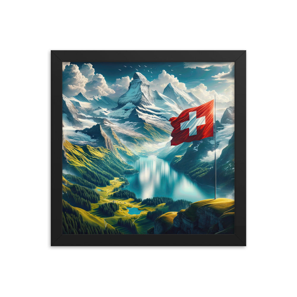 Ultraepische, fotorealistische Darstellung der Schweizer Alpenlandschaft mit Schweizer Flagge - Premium Poster mit Rahmen berge xxx yyy zzz 30.5 x 30.5 cm
