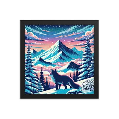 Vektorgrafik eines alpinen Winterwunderlandes mit schneebedeckten Kiefern und einem Fuchs - Premium Poster mit Rahmen camping xxx yyy zzz 30.5 x 30.5 cm