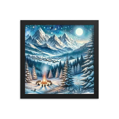 Aquarell eines Winterabends in den Alpen mit Lagerfeuer und Wanderern, glitzernder Neuschnee - Premium Poster mit Rahmen camping xxx yyy zzz 30.5 x 30.5 cm