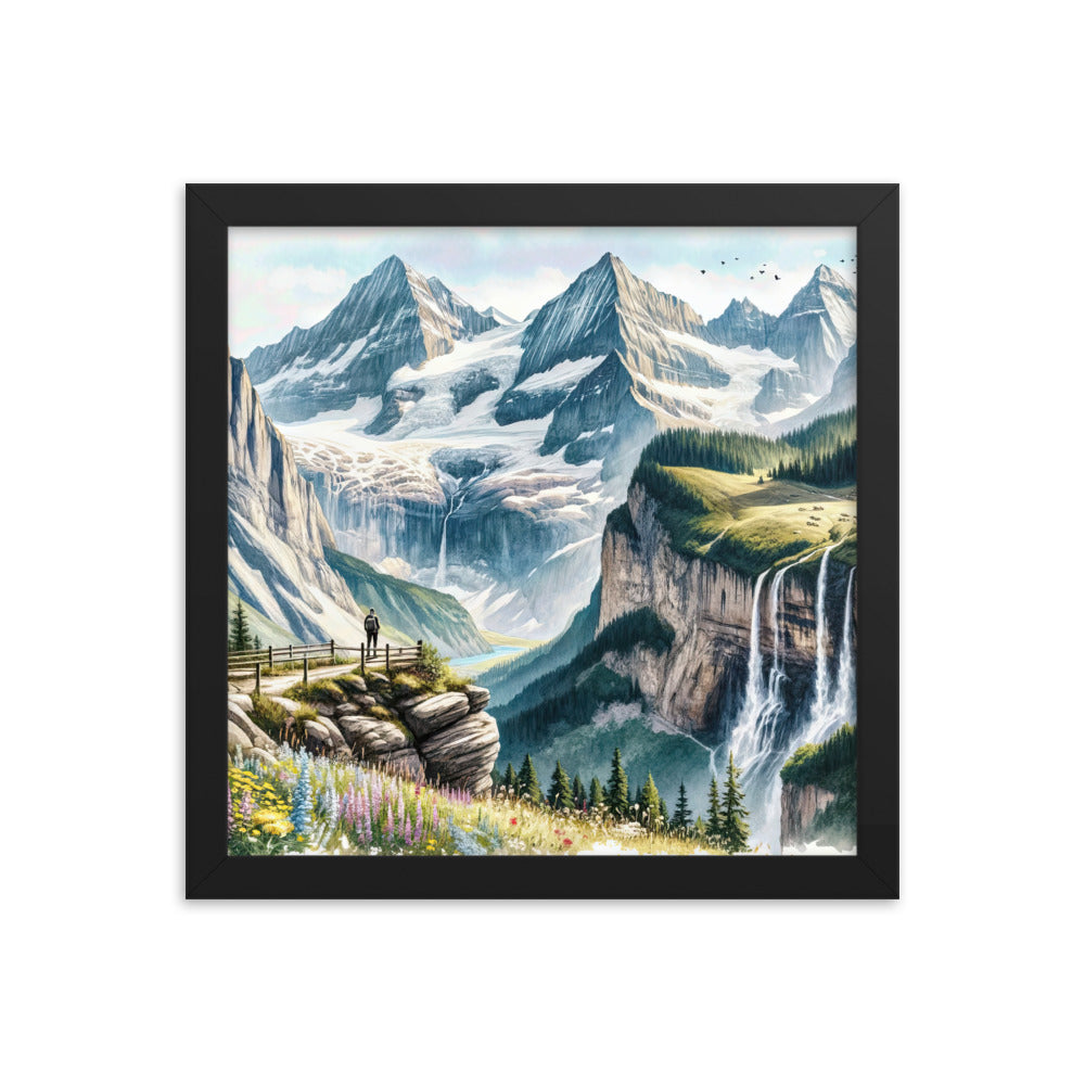 Aquarell-Panoramablick der Alpen mit schneebedeckten Gipfeln, Wasserfällen und Wanderern - Premium Poster mit Rahmen wandern xxx yyy zzz 30.5 x 30.5 cm