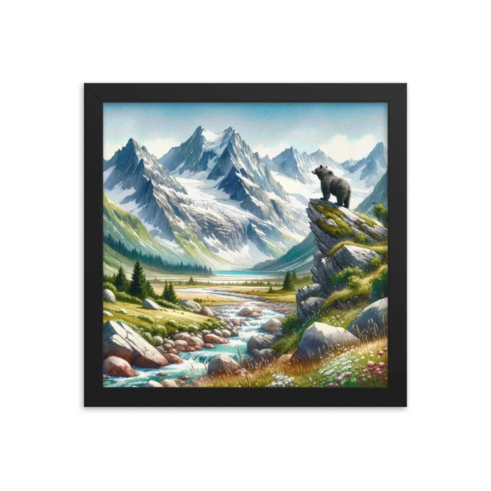 Aquarellmalerei eines Bären und der sommerlichen Alpenschönheit mit schneebedeckten Ketten - Premium Poster mit Rahmen camping xxx yyy zzz 30.5 x 30.5 cm