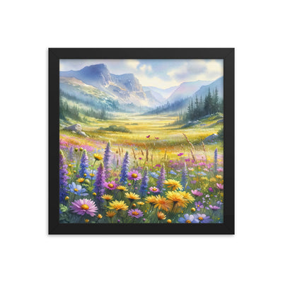 Aquarell einer Almwiese in Ruhe, Wildblumenteppich in Gelb, Lila, Rosa - Premium Poster mit Rahmen berge xxx yyy zzz 30.5 x 30.5 cm