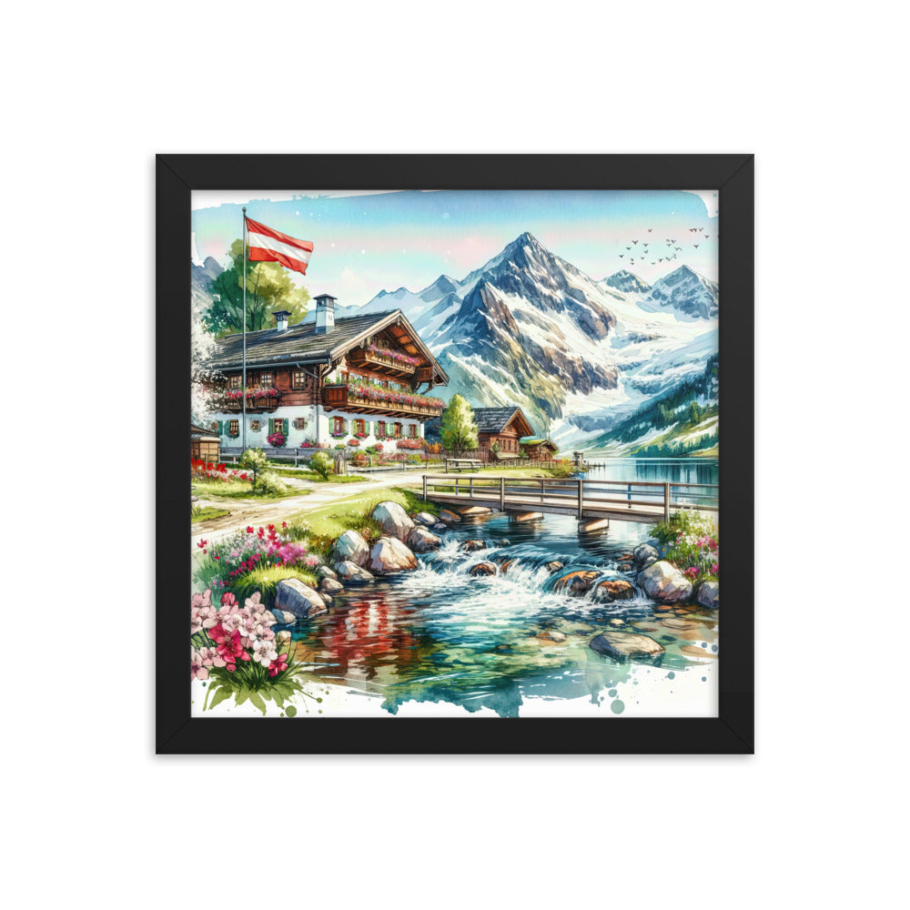 Aquarell der frühlingshaften Alpenkette mit österreichischer Flagge und schmelzendem Schnee - Premium Poster mit Rahmen berge xxx yyy zzz 30.5 x 30.5 cm