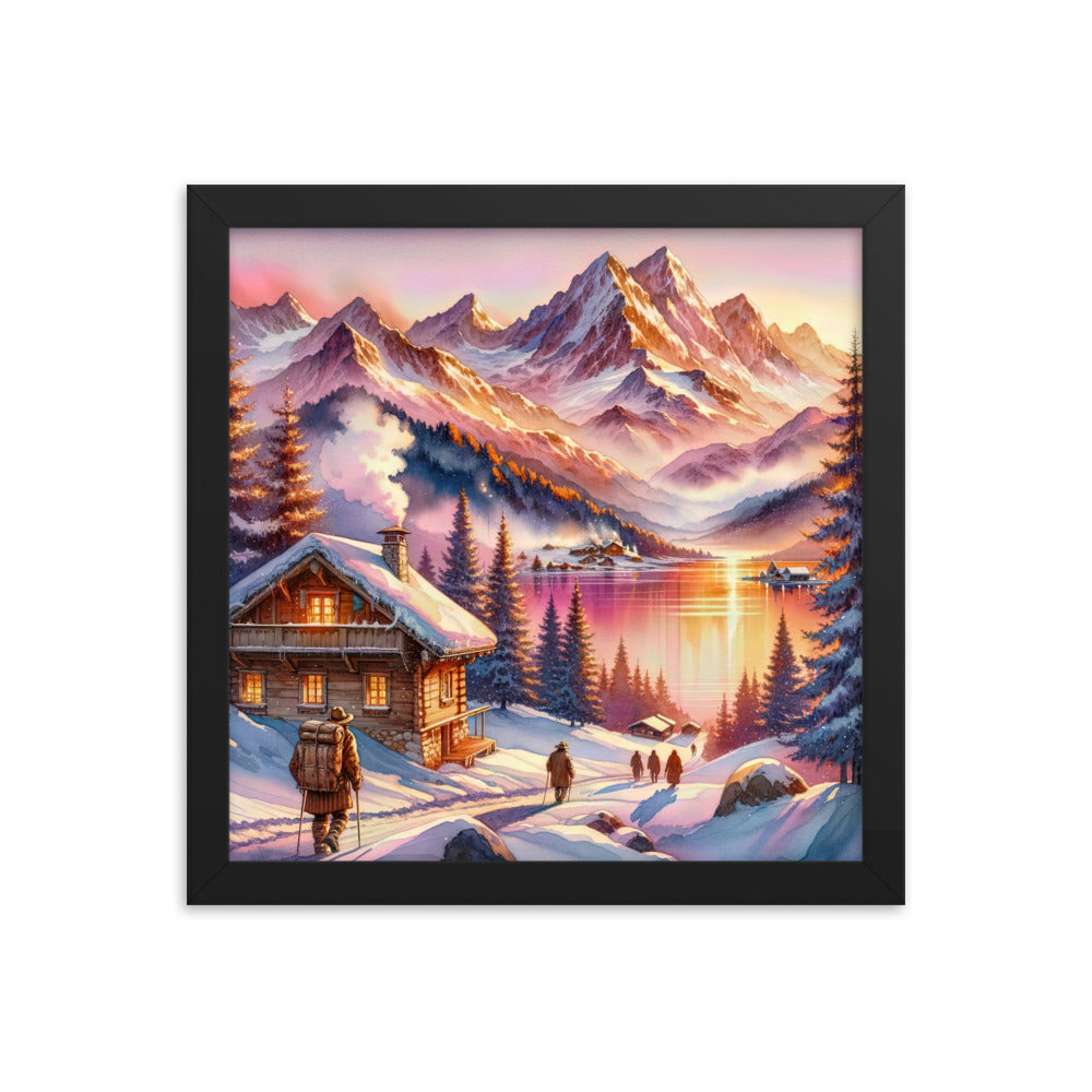 Aquarell eines Alpenpanoramas mit Wanderern bei Sonnenuntergang in Rosa und Gold - Premium Poster mit Rahmen wandern xxx yyy zzz 30.5 x 30.5 cm