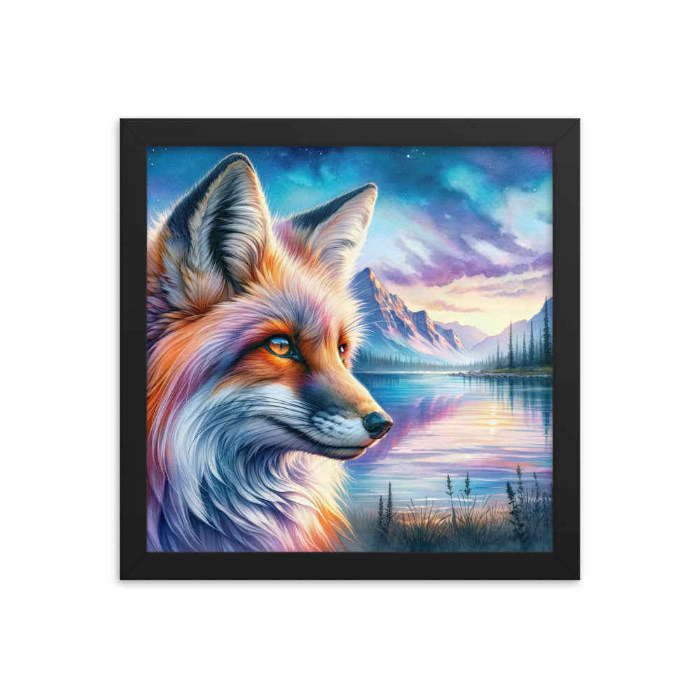 Aquarellporträt eines Fuchses im Dämmerlicht am Bergsee - Premium Poster mit Rahmen camping xxx yyy zzz 30.5 x 30.5 cm