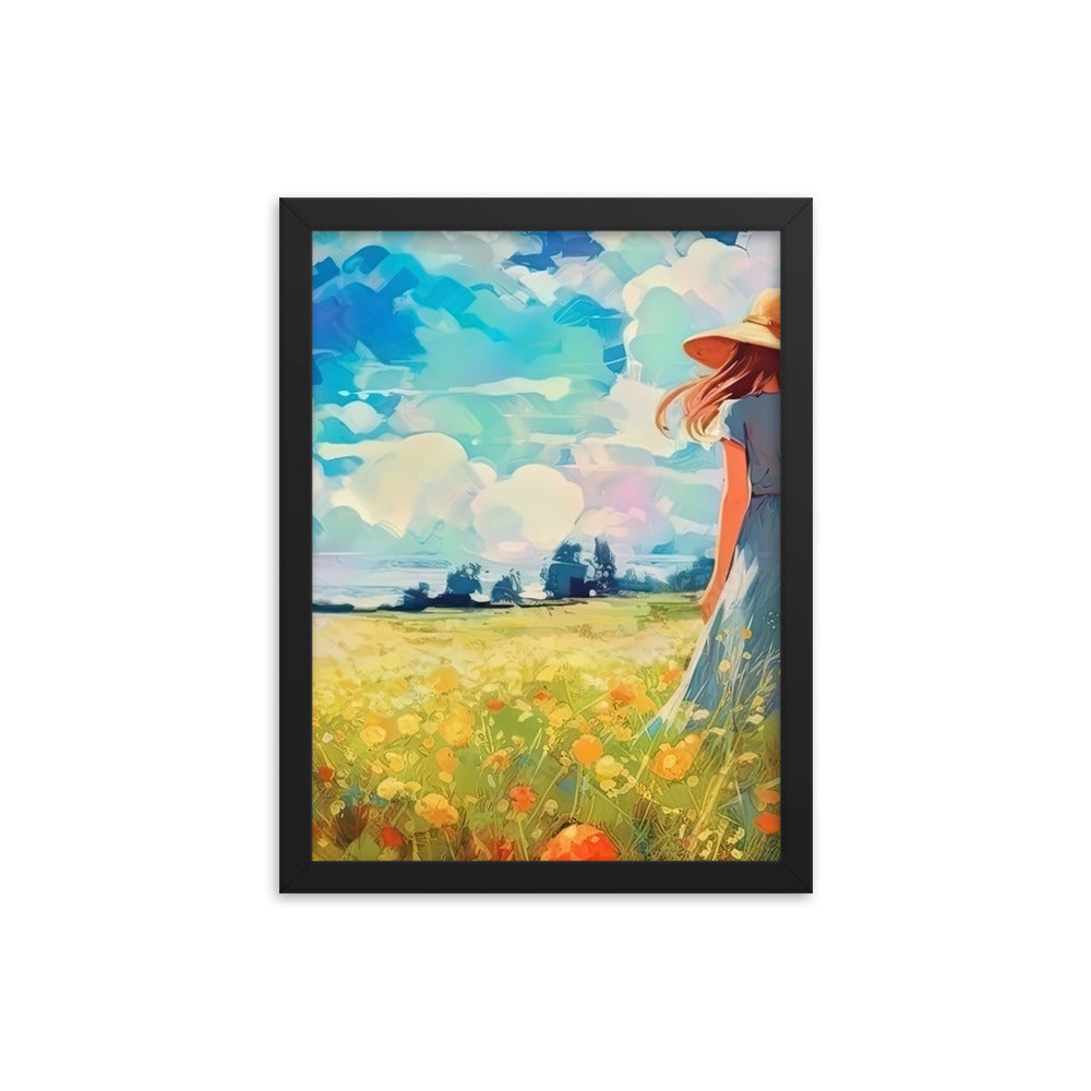 Dame mit Hut im Feld mit Blumen - Landschaftsmalerei - Premium Poster mit Rahmen camping xxx Black 30.5 x 40.6 cm