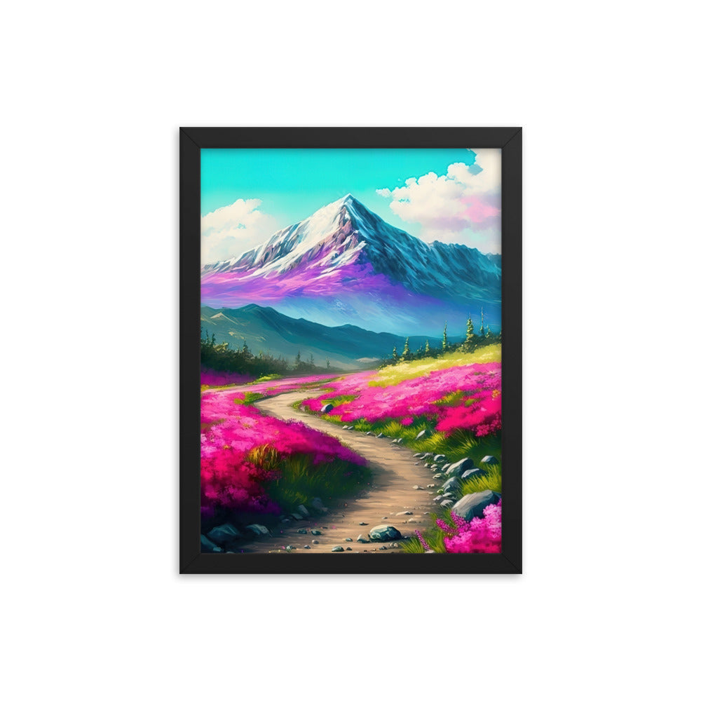 Berg, pinke Blumen und Wanderweg - Landschaftsmalerei - Premium Poster mit Rahmen berge xxx Black 30.5 x 40.6 cm