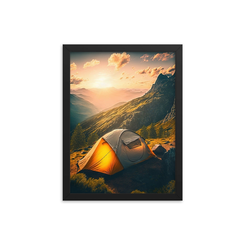 Zelt auf Berg im Sonnenaufgang - Landschafts - Premium Poster mit Rahmen camping xxx 30.5 x 40.6 cm