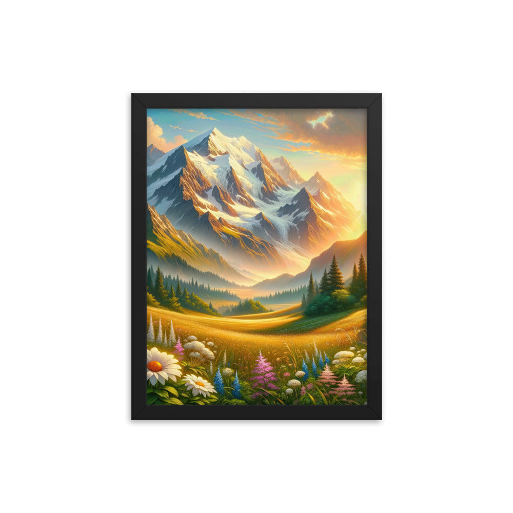 Heitere Alpenschönheit: Schneeberge und Wildblumenwiesen - Premium Poster mit Rahmen berge xxx yyy zzz 30.5 x 40.6 cm