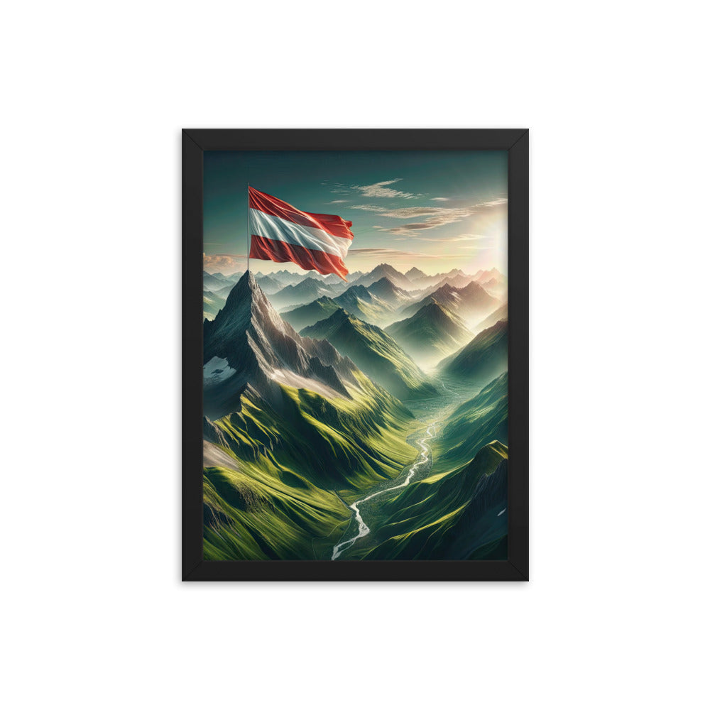 Alpen Gebirge: Fotorealistische Bergfläche mit Österreichischer Flagge - Premium Poster mit Rahmen berge xxx yyy zzz 30.5 x 40.6 cm
