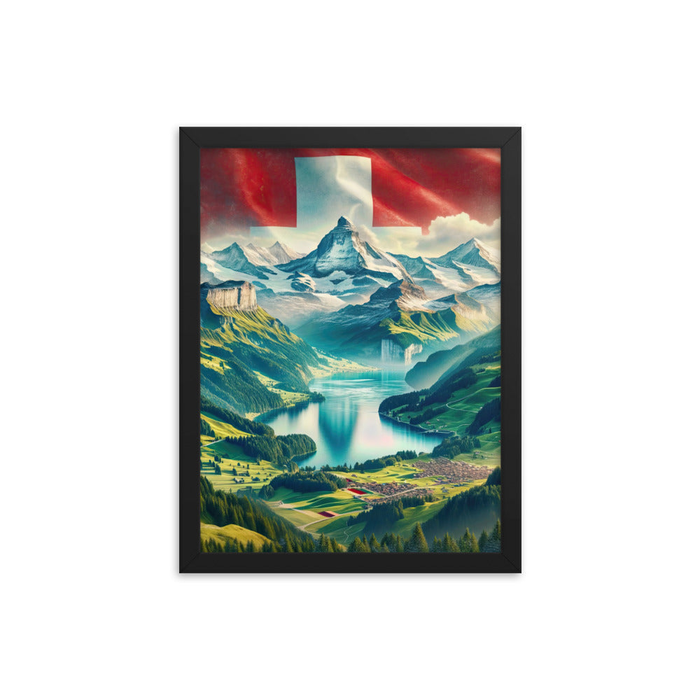 Berg Panorama: Schneeberge und Täler mit Schweizer Flagge - Premium Poster mit Rahmen berge xxx yyy zzz 30.5 x 40.6 cm
