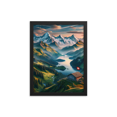Schweizer Flagge, Alpenidylle: Dämmerlicht, epische Berge und stille Gewässer - Premium Poster mit Rahmen berge xxx yyy zzz 30.5 x 40.6 cm