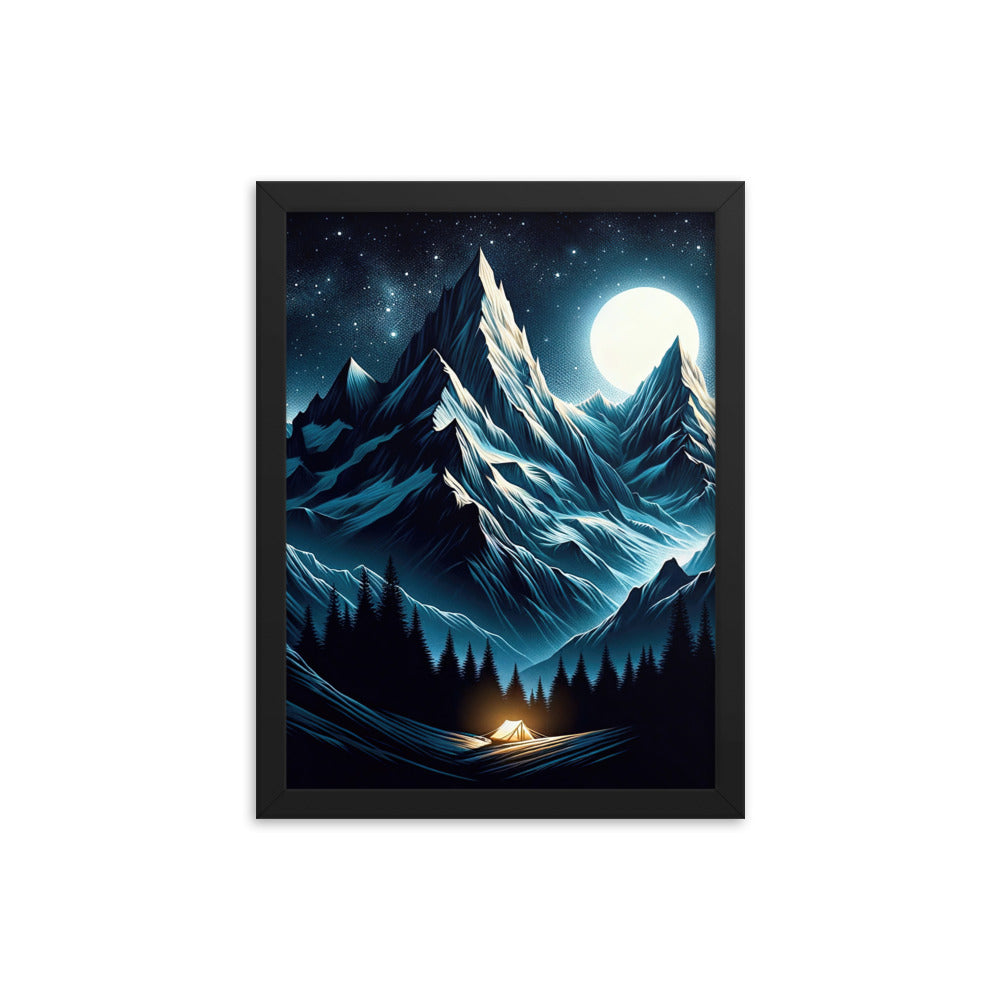 Alpennacht mit Zelt: Mondglanz auf Gipfeln und Tälern, sternenklarer Himmel - Premium Poster mit Rahmen berge xxx yyy zzz 30.5 x 40.6 cm
