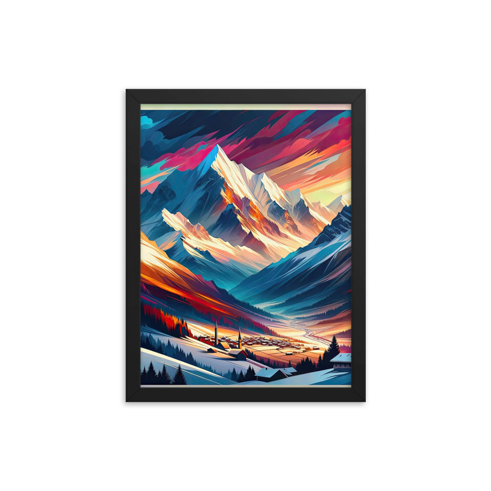 Moderne geometrische Alpen Kunst: Warmer Sonnenuntergangs Schein auf Schneegipfeln - Premium Poster mit Rahmen berge xxx yyy zzz 30.5 x 40.6 cm