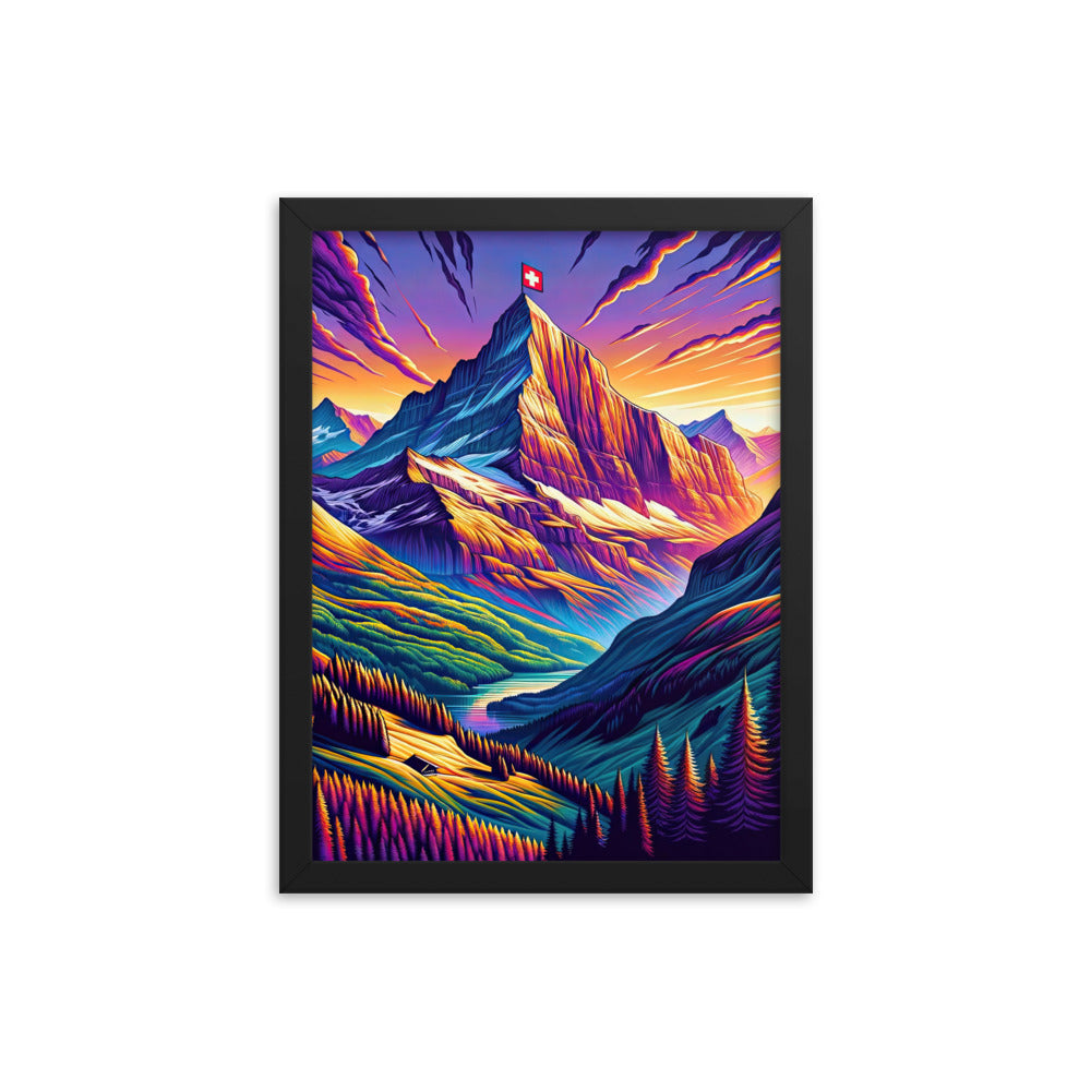 Bergpracht mit Schweizer Flagge: Farbenfrohe Illustration einer Berglandschaft - Premium Poster mit Rahmen berge xxx yyy zzz 30.5 x 40.6 cm