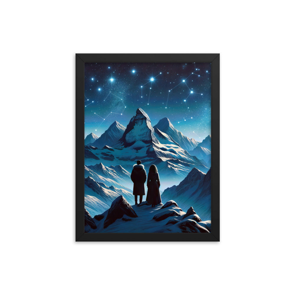 Alpenwinternacht: Digitale Kunst mit Wanderern in Bergen und Sternenhimmel - Premium Poster mit Rahmen wandern xxx yyy zzz 30.5 x 40.6 cm