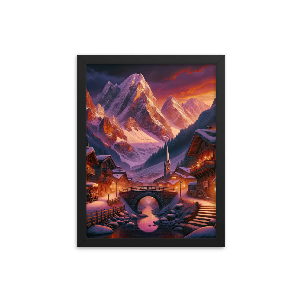 Magische Alpenstunde: Digitale Kunst mit warmem Himmelsschein über schneebedeckte Berge - Premium Poster mit Rahmen berge xxx yyy zzz 30.5 x 40.6 cm