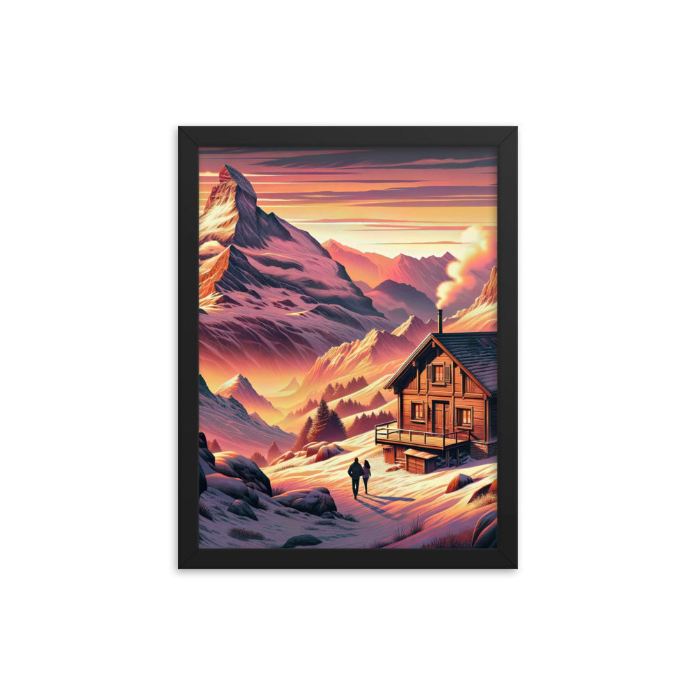 Berghütte im goldenen Sonnenuntergang: Digitale Alpenillustration - Premium Poster mit Rahmen berge xxx yyy zzz 30.5 x 40.6 cm
