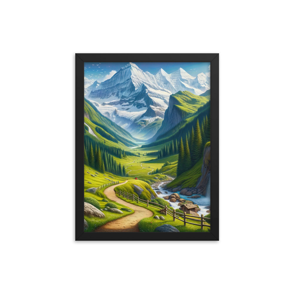 Wanderer in den Bergen und Wald: Digitale Malerei mit grünen kurvenreichen Pfaden - Premium Poster mit Rahmen wandern xxx yyy zzz 30.5 x 40.6 cm