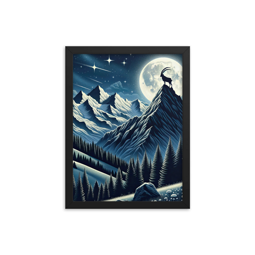 Steinbock in Alpennacht, silberne Berge und Sternenhimmel - Premium Poster mit Rahmen berge xxx yyy zzz 30.5 x 40.6 cm