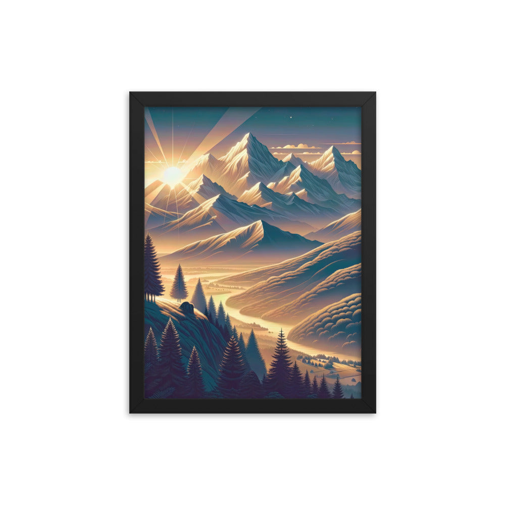 Alpen-Morgendämmerung, erste Sonnenstrahlen auf Schneegipfeln - Premium Poster mit Rahmen berge xxx yyy zzz 30.5 x 40.6 cm