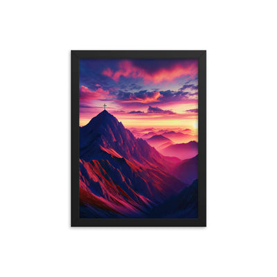 Dramatischer Alpen-Sonnenaufgang, Gipfelkreuz und warme Himmelsfarben - Premium Poster mit Rahmen berge xxx yyy zzz 30.5 x 40.6 cm