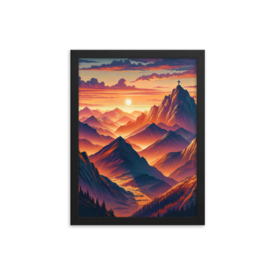 Dramatischer Alpen-Sonnenuntergang, Gipfelkreuz in Orange-Rosa - Premium Poster mit Rahmen berge xxx yyy zzz 30.5 x 40.6 cm