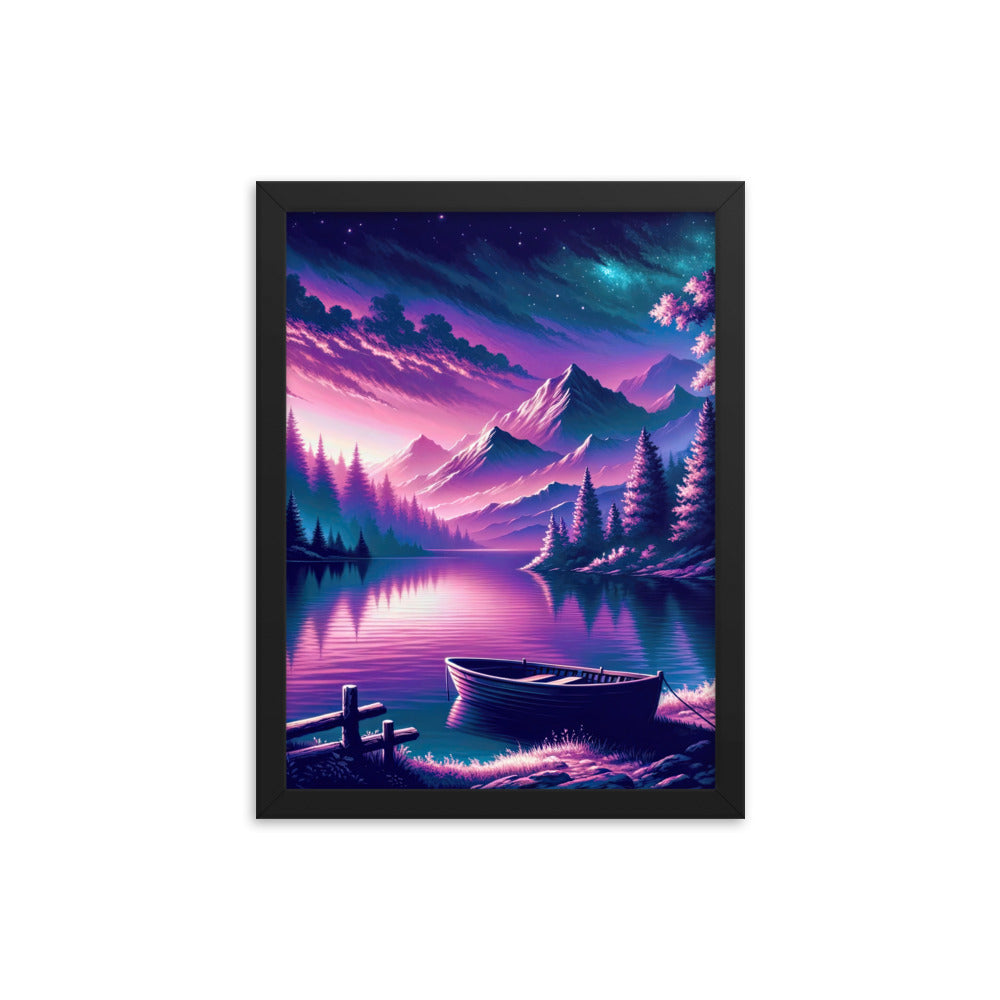 Magische Alpen-Dämmerung, rosa-lila Himmel und Bergsee mit Boot - Premium Poster mit Rahmen berge xxx yyy zzz 30.5 x 40.6 cm